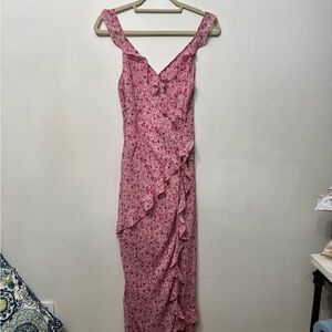 Lush Pink Floral Ruffle Wrap Maxi Dress Size M